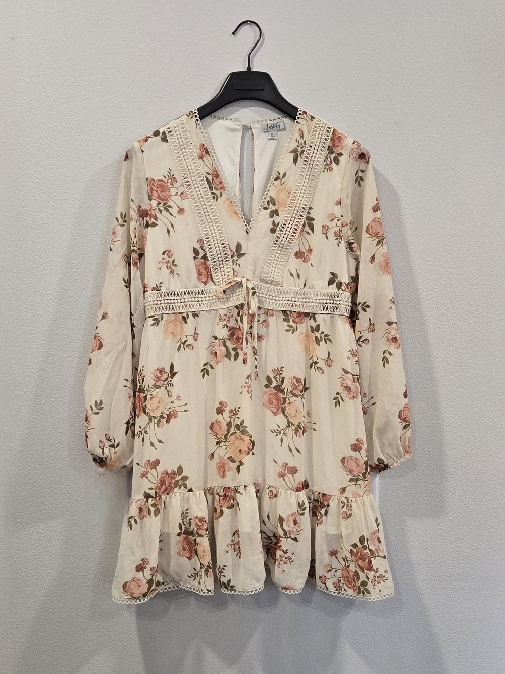 Justify Cream Floral Lace-Trim Long Sleeve Dress XL
